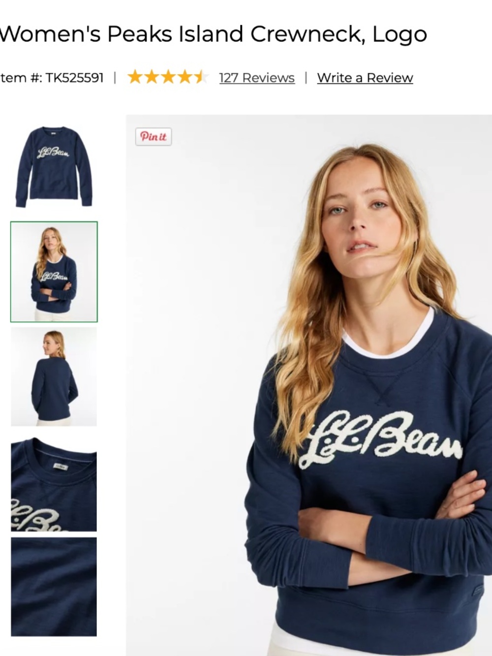 LL Bean Women's Crew Neck Logo Lightweight Top Navy Peaks Island Sz XS